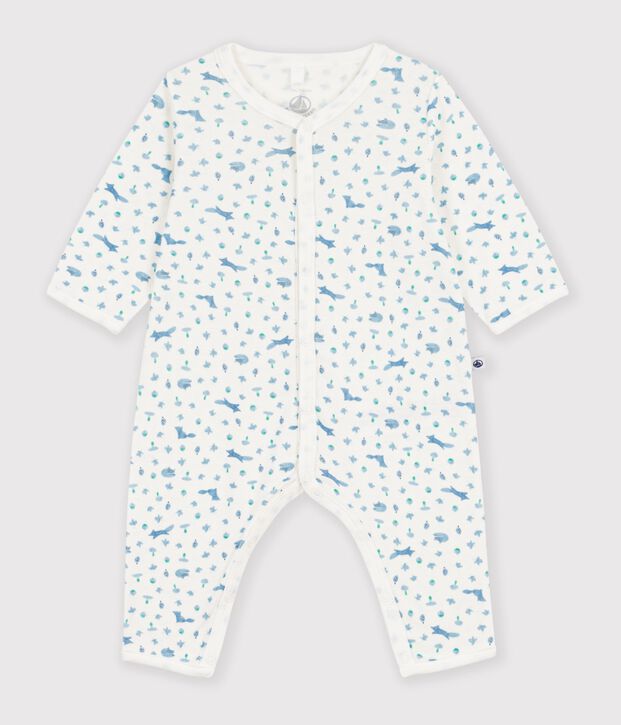 Babies' footless fox-print cotton pyjama suit white/blue