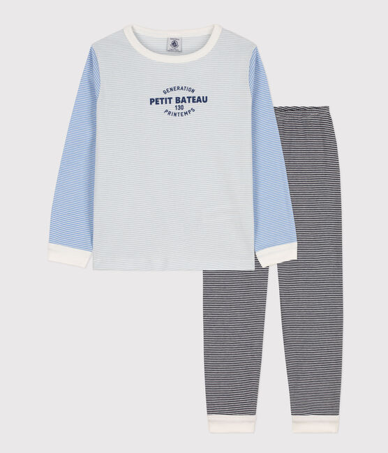 Children's Unisex Three-Tone Pinstriped Cotton Pyjamas SMOKING blue/MULTICO white