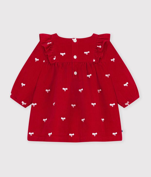 Babies' dress in velour with long sleeves and bow motif embroidery red/ecru