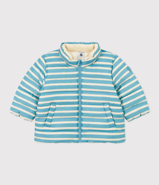 Babies' Stripy Puffer Jacket with Retractable Hood AZUL blue/AVALANCHE white