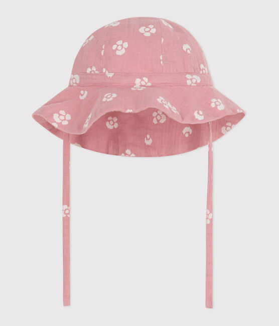 Baby girl's capeline in cotton gauze with pink flowers CHARME pink/MARSHMALLOW white