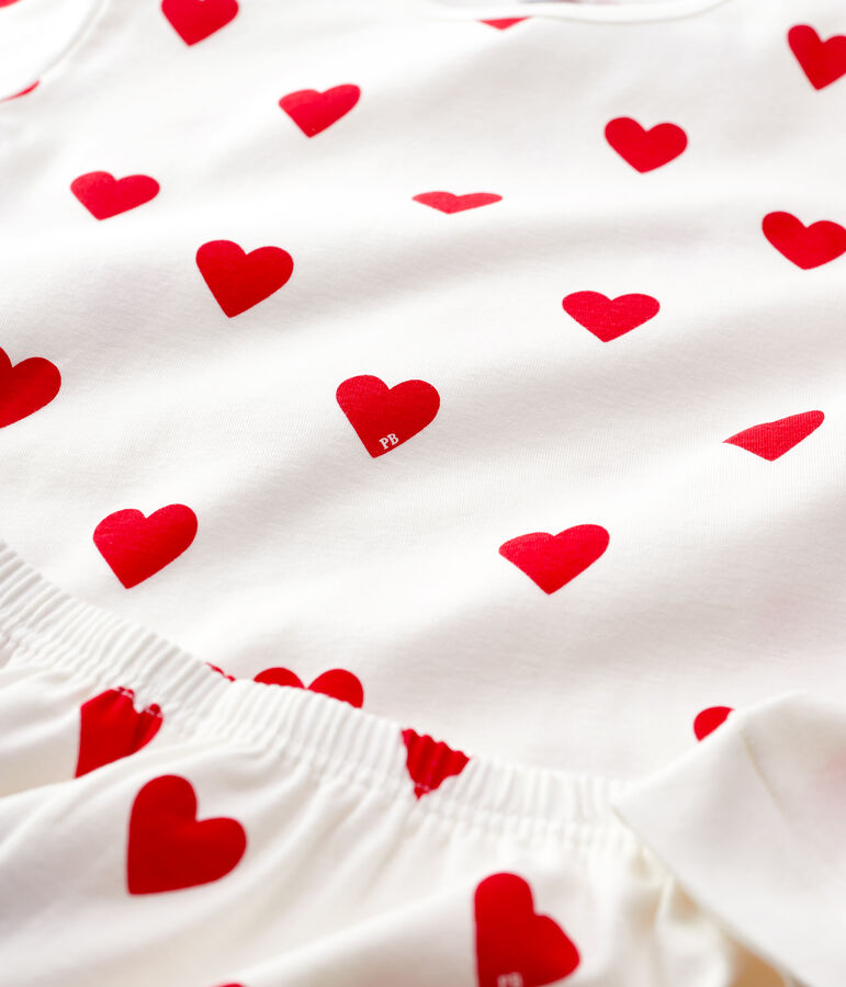 Girls' Heart Print Ribbed Pyjamas MARSHMALLOW white/TERKUIT red