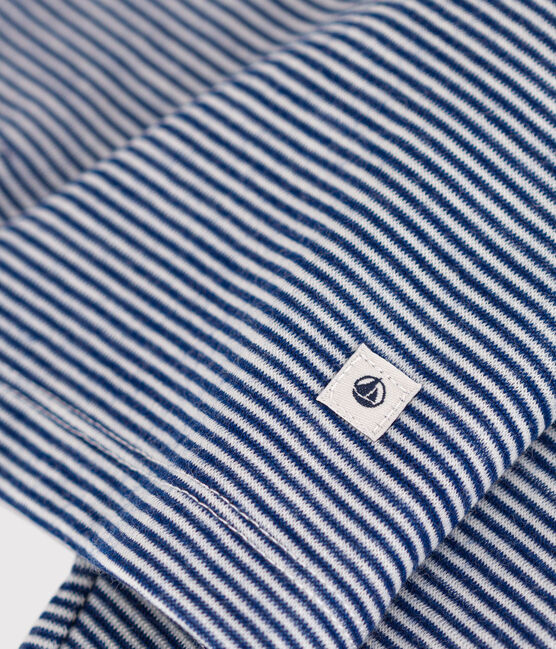 Children's' long-sleeved stripy T-shirt in wool and cotton MEDIEVAL blue/MARSHMALLOW white