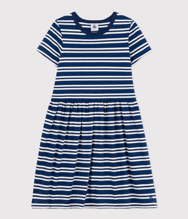 Girls' Stripy Short-Sleeved Cotton Dress blue/white