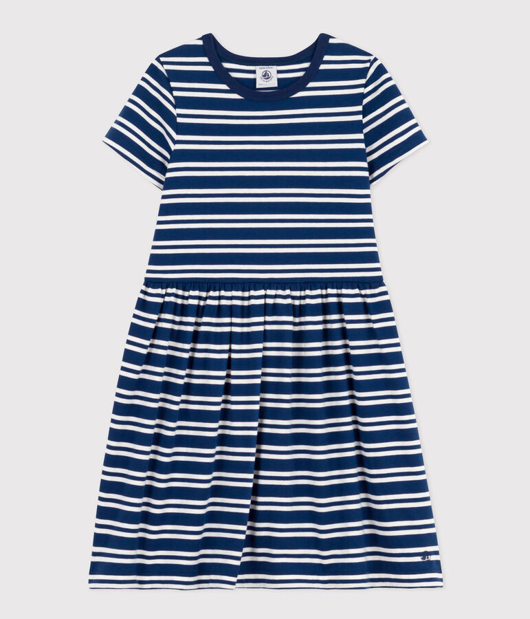 Girls' Stripy Short-Sleeved Cotton Dress MEDIEVAL blue/MARSHMALLOW white