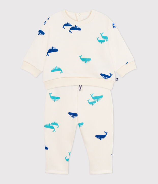 Babies' sweatshirt and trousers set in whale-print cotton Ecru/multicolor
