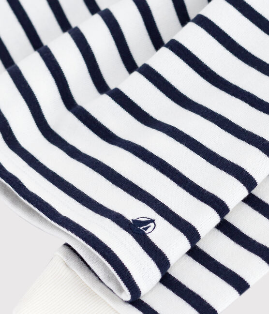Children's long-sleeved stripy cotton dress MARSHMALLOW white/SMOKING blue