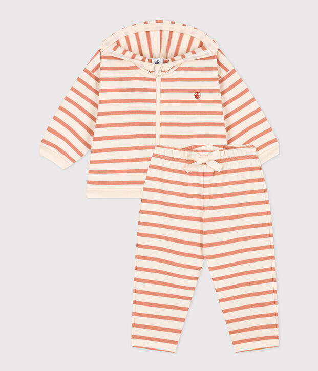Babies' Thick Stripy Jersey Breton Outfit Ecru/pink