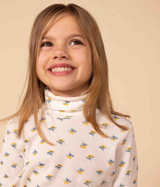 Girls' floral print cotton polo neck MARSHMALLOW white/MULTICO white