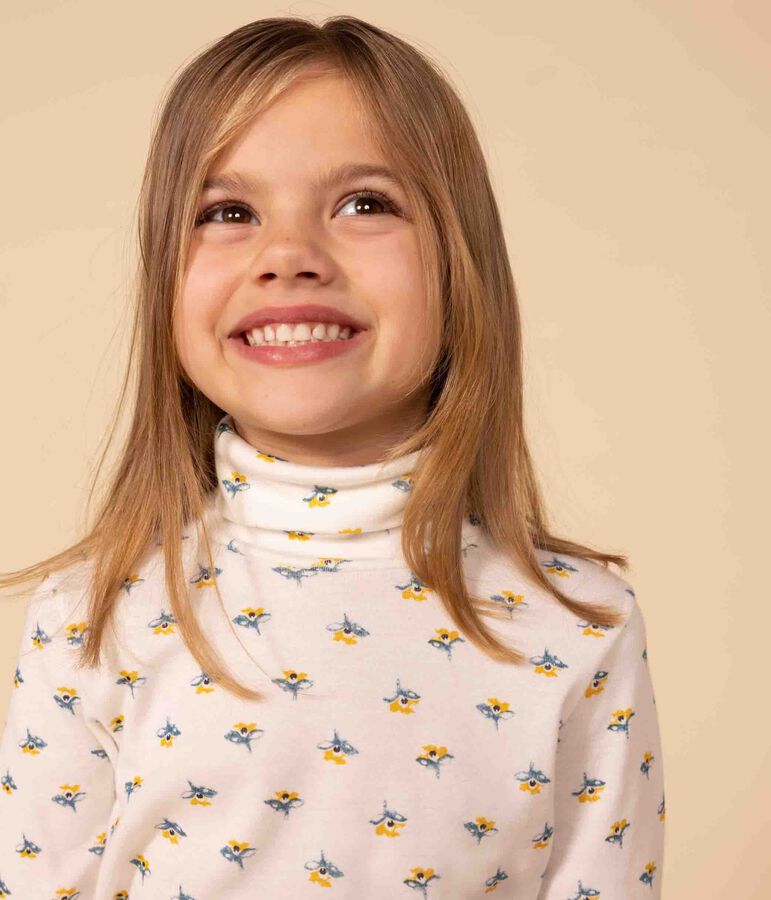 Girls' floral print cotton polo neck white/multicolor