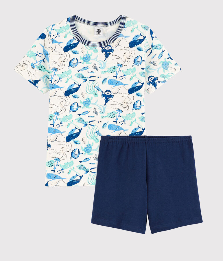 Boys' Sealife Pattern Short Cotton Pyjamas MARSHMALLOW white/MULTICO white