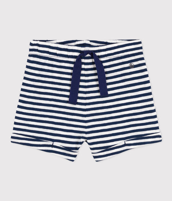 Babies' Stripy Slub Jersey Shorts MEDIEVAL blue/MARSHMALLOW white