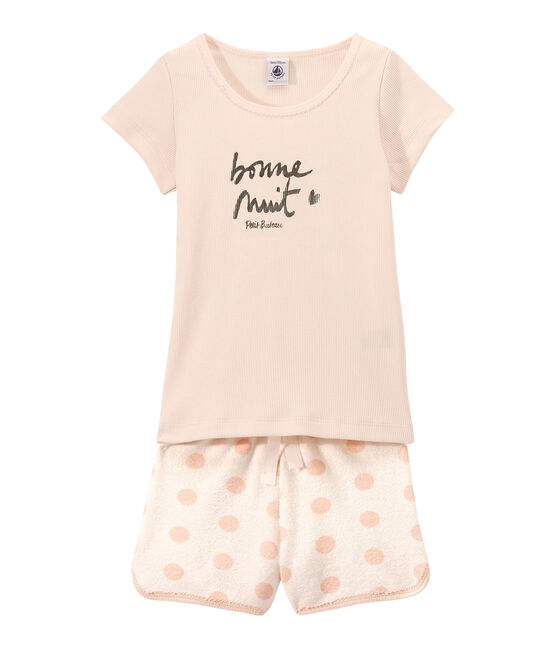 Girl's two-fabric shortie pyjamas with silkscreen motif LAIT white/ROSE pink/FLEUR