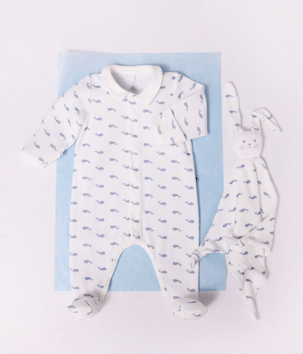 Babies' whale-print velour pyjama suit with a collar blue/blue