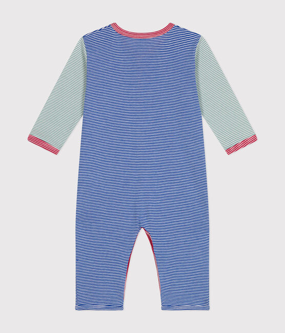 Babies' stripy footless cotton pyjamas CALVIN blue/MARSHMALLOW