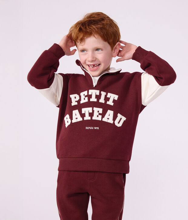 Children's plain colourblock shawl collared cotton sweatshirt red/ecru