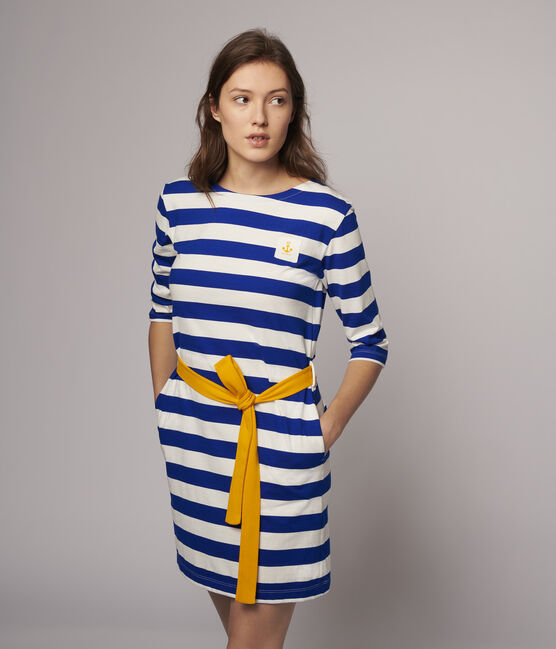 Women's Long-Sleeved Stripy Dress SURF blue/MARSHMALLOW white