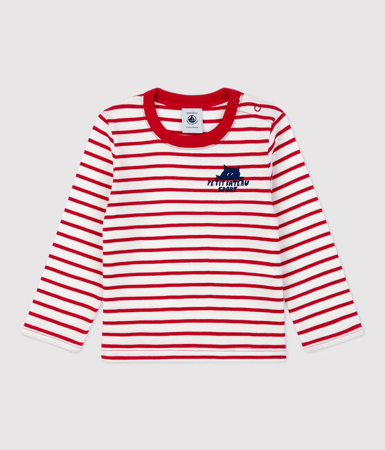Babies' Striped Cotton T-Shirt MARSHMALLOW white/TERKUIT red