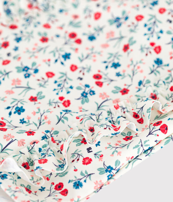 Babies' one-piece swimsuit with frills and a floral print. MARSHMALLOW white/MULTICO white