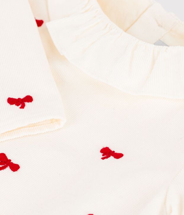 Babies' blouse in velour embroidered with a bow motif Ecru/red