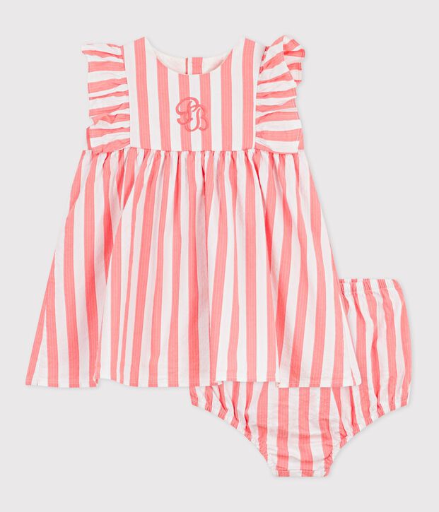 Babies' sleeveless cotton dress with stripy bloomers pink/white