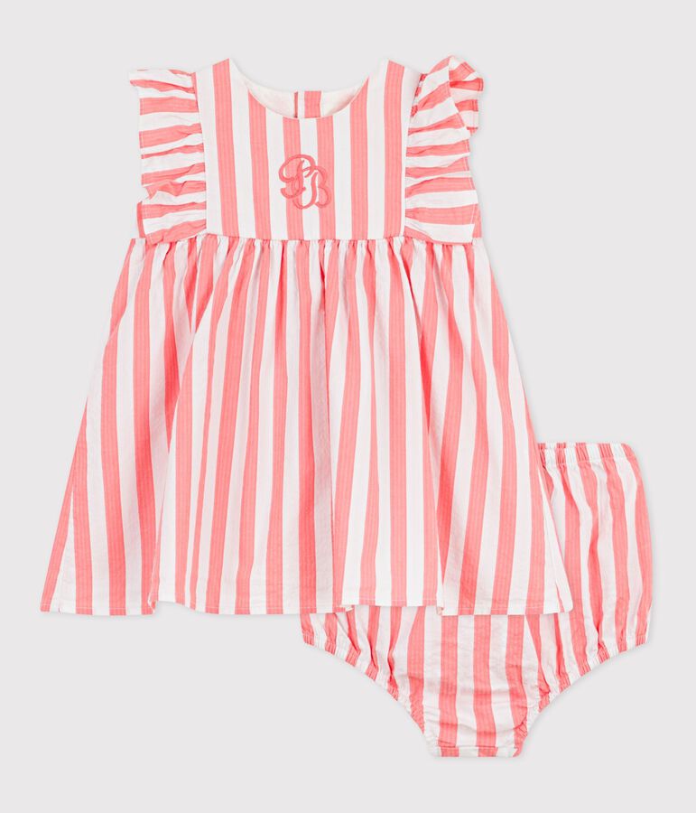 Babies' sleeveless cotton dress with stripy bloomers pink/white
