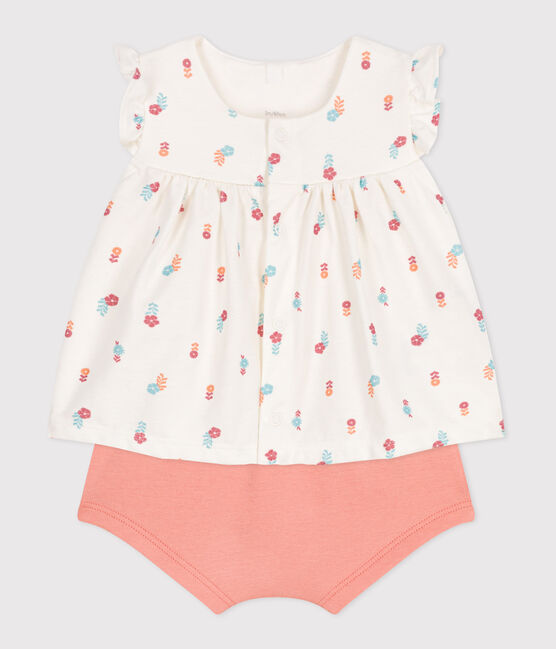 Newborn babies' two-piece cotton set with a ruffled blouse MARSHMALLOW white/MULTICO white