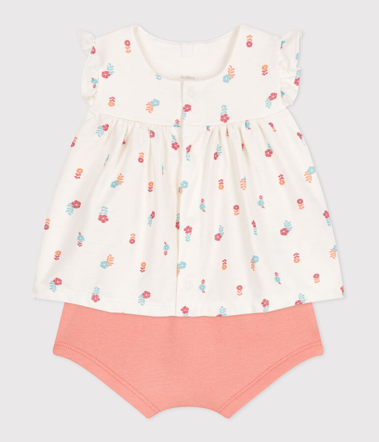 Newborn babies' two-piece cotton set with a ruffled blouse white/multicolor