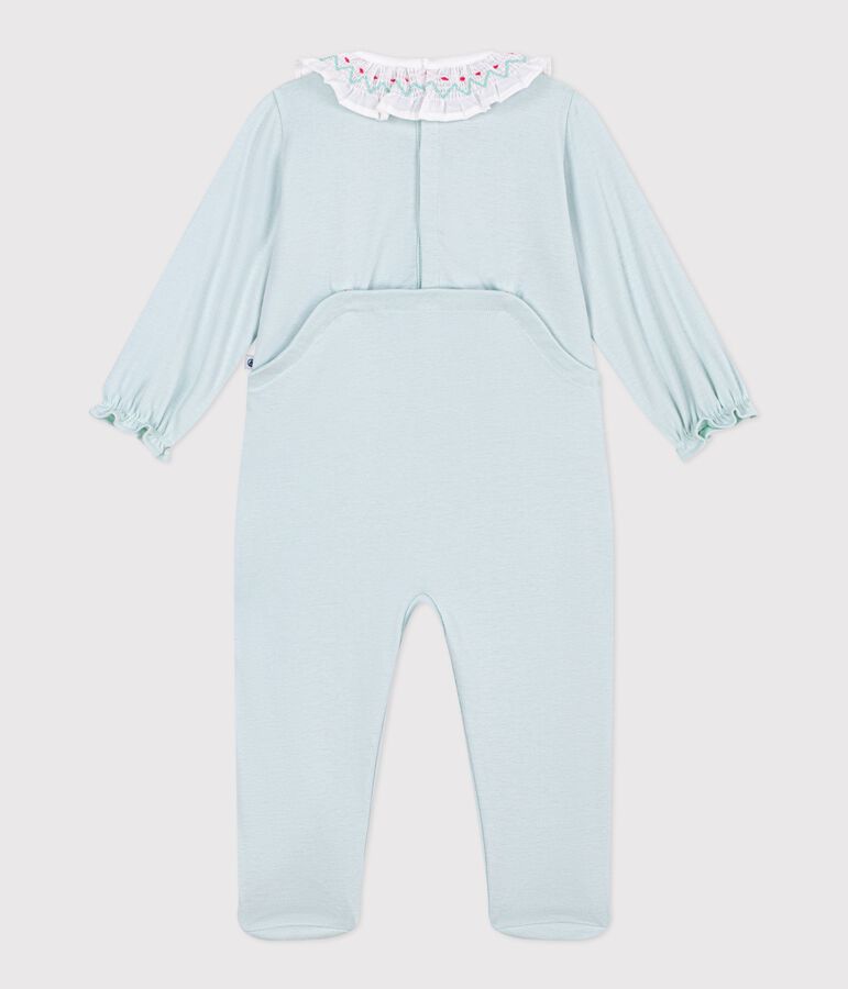 Babies back opening plain cotton pyjama suit with a ruff blue