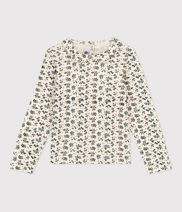 Girls' Long-Sleeved Floral Cotton T-Shirt Ecru/multicolor