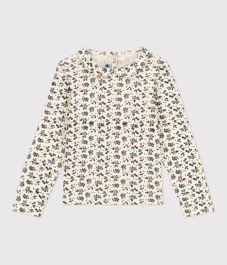Girls' Long-Sleeved Floral Cotton T-Shirt Ecru/multicolor