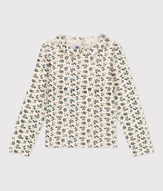 Girls' Long-Sleeved Floral Cotton T-Shirt AVALANCHE white/MULTICO