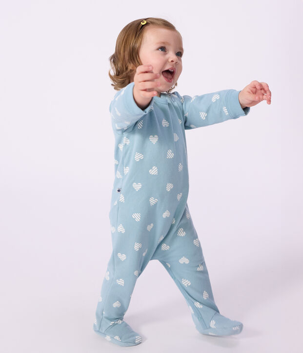 Babies' brushed fleece heart print pyjama suit green/white