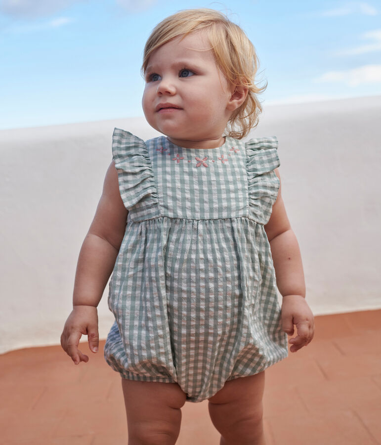 Babies' sleeveless cotton rompers with a gingham print and an embroidered collar green/white