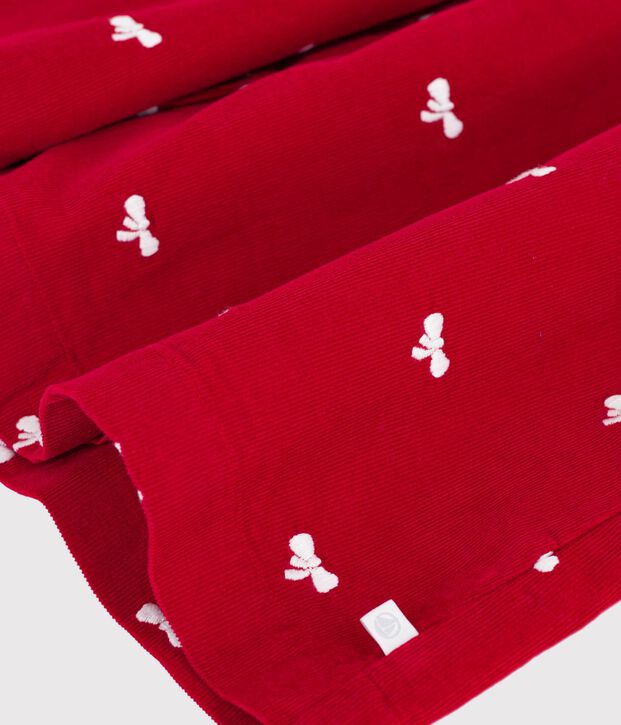 Children's corduroy dress with long sleeves and printed with bows red/ecru