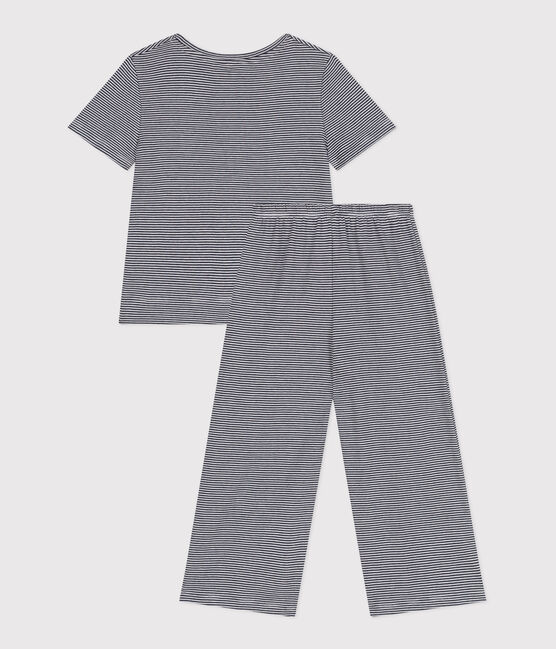 Children's cotton pyjamas with short sleeves and wide stripy legs SMOKING blue/MARSHMALLOW white