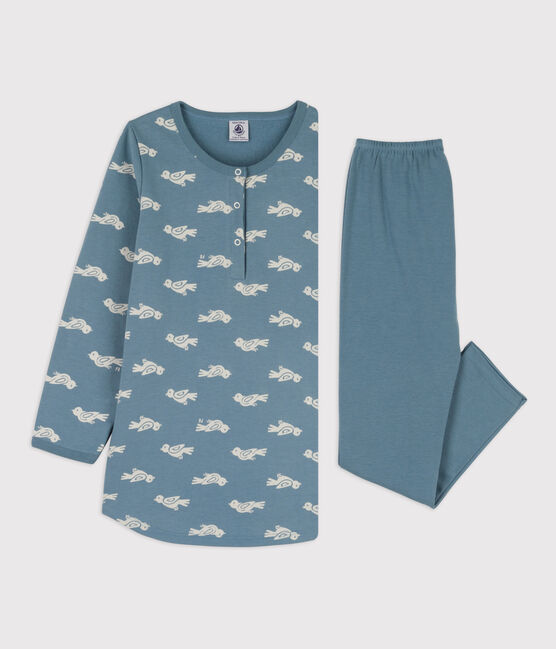 Girls' Bird Patterned Fleece/Cotton Nightdress with Leggings ROVER blue/MARSHMALLOW white