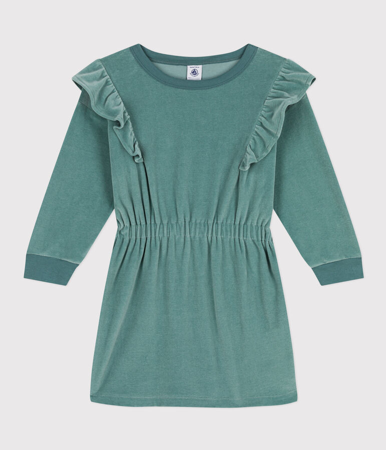 Girls' long-sleeved dress in plain boucl&eacute; velvet green