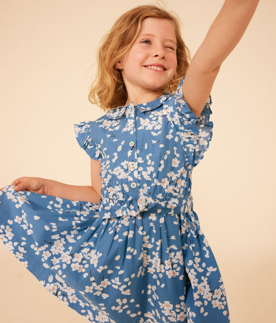 Girls' Sleeveless Printed Poplin Dress BEACH blue/MULTICO