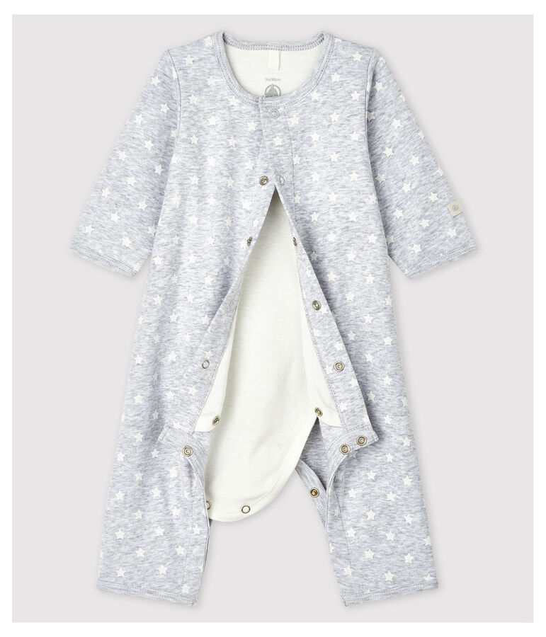 Babies' Footless Organic Cotton Bodyjama POUSSIERE grey/MARSHMALLOW white