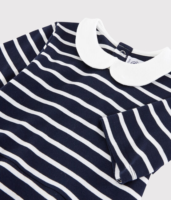 Girls' Short-Sleeved Cotton Dress SMOKING blue/MARSHMALLOW white