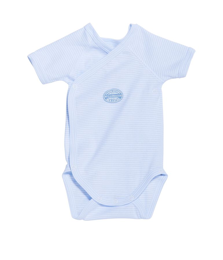 Newborn baby boy short-sleeve bodysuit in milleraies stripe FRAICHEUR blue/ECUME white