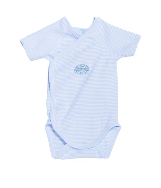Newborn baby boy short-sleeve bodysuit in milleraies stripe FRAICHEUR blue/ECUME white