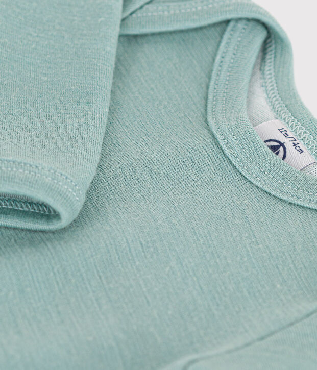 Babies' Stripy Long-Sleeved Cotton/Wool Bodysuit green