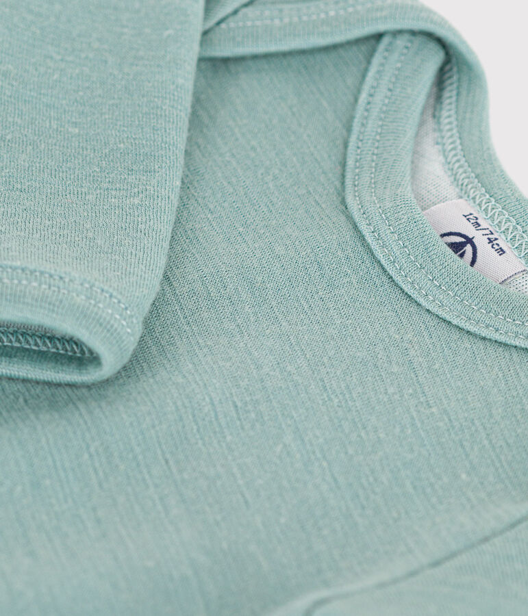 Babies' Stripy Long-Sleeved Cotton/Wool Bodysuit green