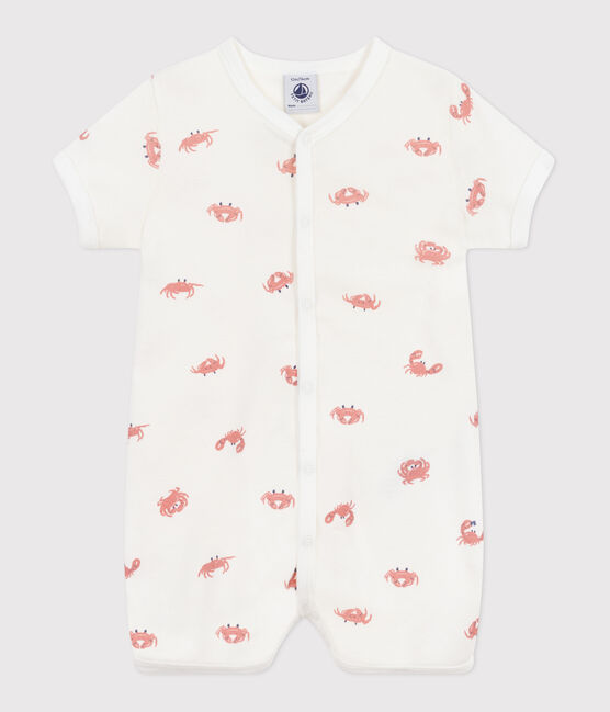 Babies' short cotton crab pattern jumpsuit MARSHMALLOW white/MULTICO white