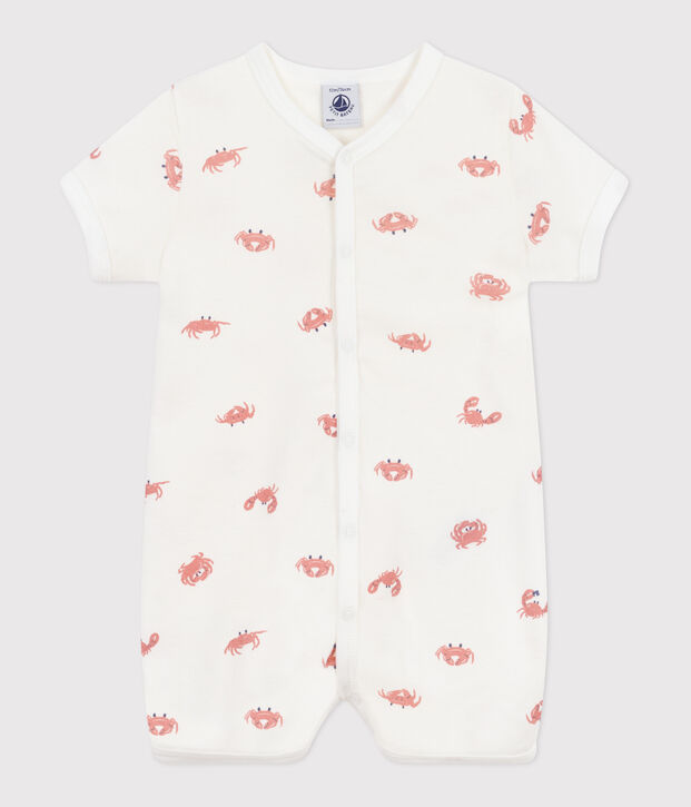 Babies' short cotton crab pattern jumpsuit white/multicolor