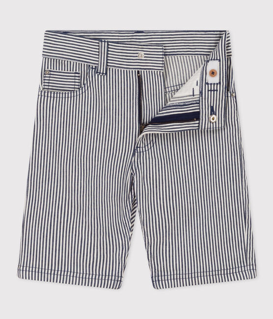 Boys' Stripy Cotton Bermuda Shorts MEDIEVAL blue/MARSHMALLOW white