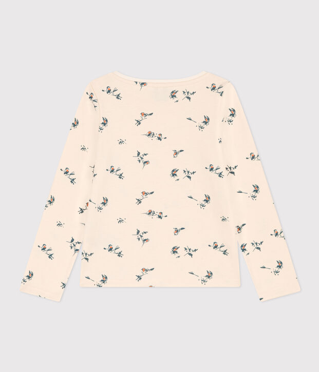 Girls' long-sleeved floral print cotton T-shirt Ecru/multicolor