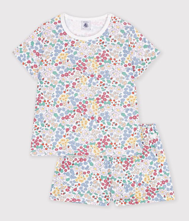 Children's short flower-pattern cotton pyjamas white/multicolor